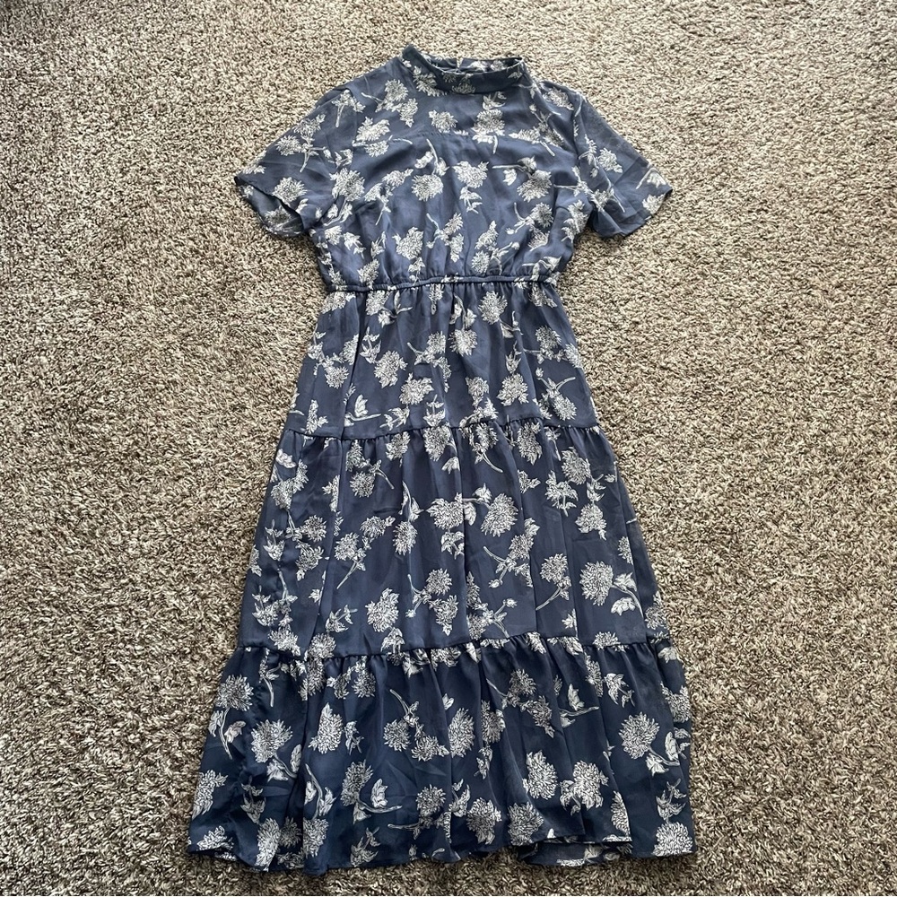 Lulu's Navy Blue Floral Midi Dress